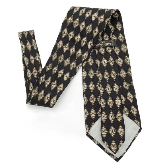 Vintage Valentino Cravatte 100% Silk Necktie Diamond Print Chocolate Gold Black - Picture 11 of 12